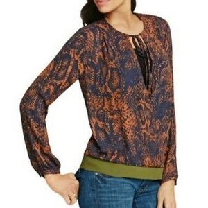 CAbi Snakeskin Blouse Blue Orange Pattern Green Fall Autumn Faux Wrap Top